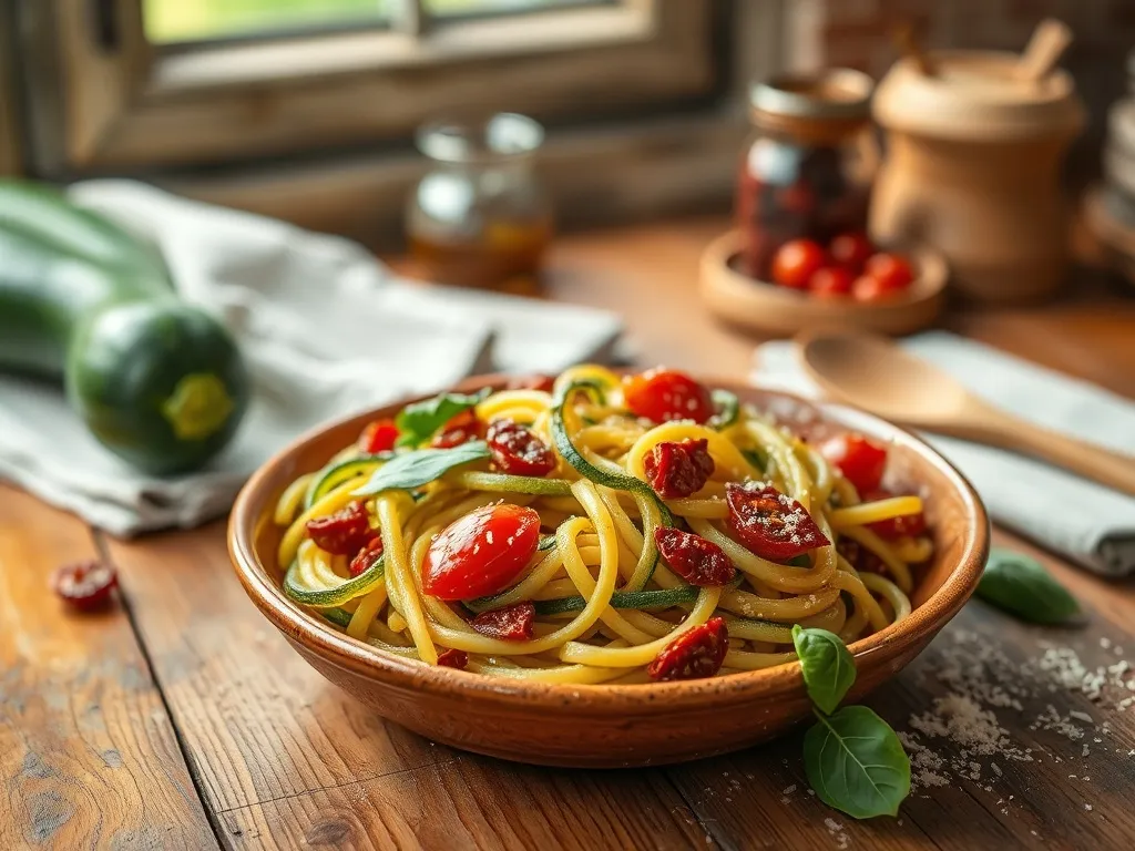 Makaron z cukinią i suszonymi pomidorami przepis: prosty i szybki