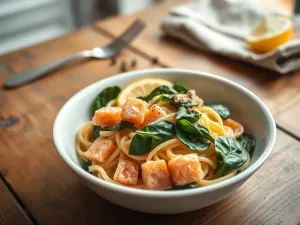 Makaron z łososiem wędzonym i szpinakiem — kremowy, szybki przepis