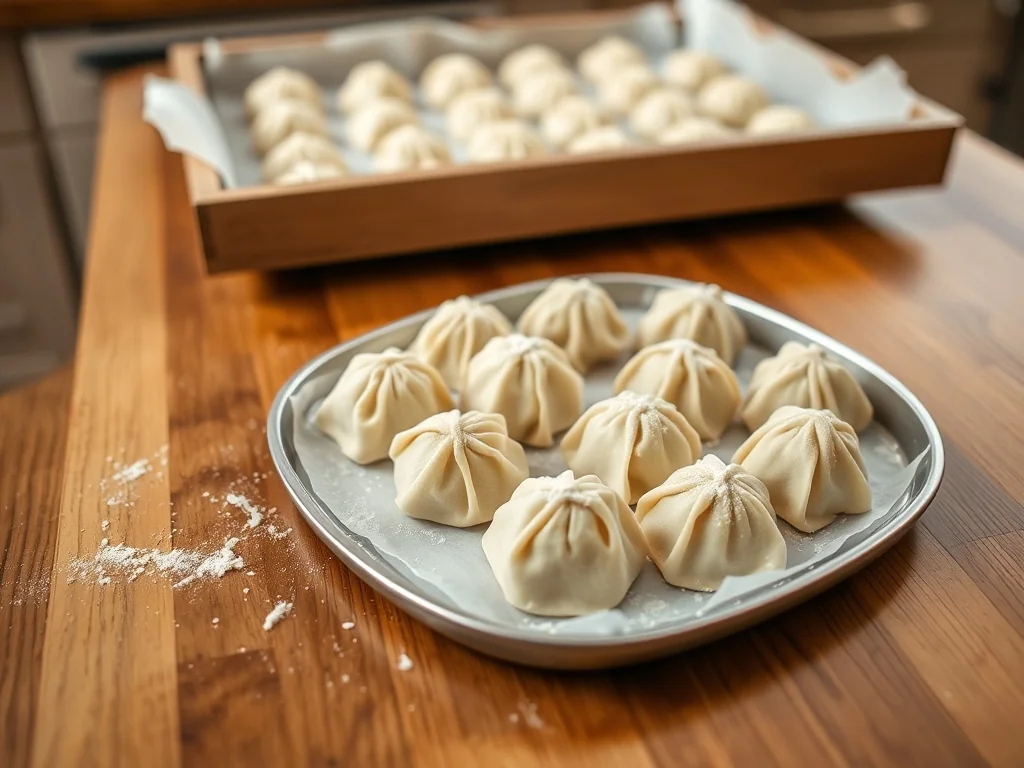 Surowe pierogi ułożone w jednej warstwie na tacy i w szufladzie zamrażarki, gotowe do mrożenia bez sklejania