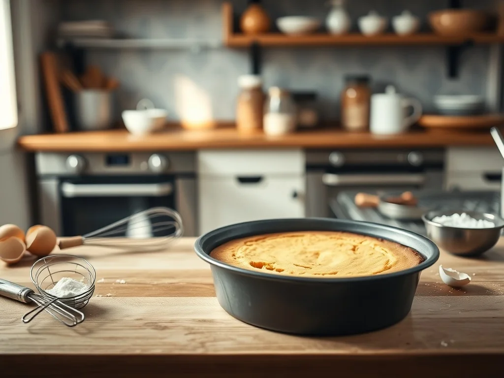 Opadły, popękany biszkopt w formie na blacie kuchennym, obok składniki i narzędzia do pieczenia, domowa kuchnia w tle.