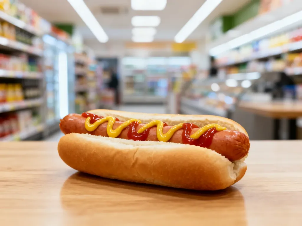 Świeży hot dog z musztardą i ketchupem w miękkiej bułce, podany na drewnianym stole wewnątrz sklepu typu convenience.