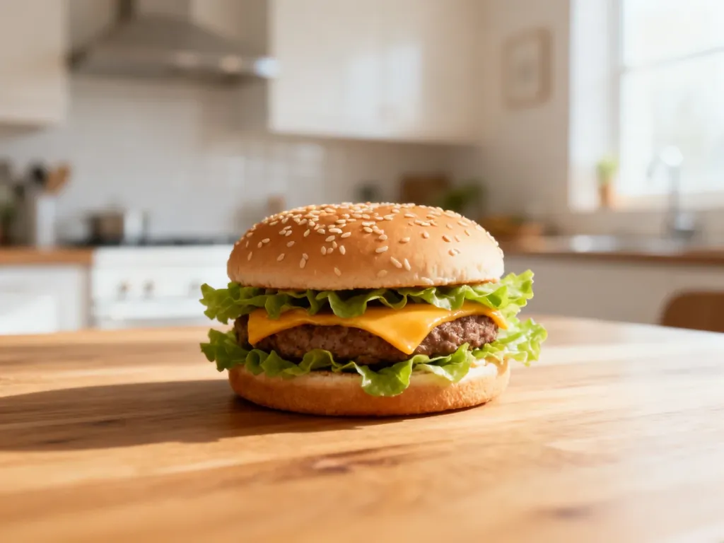 Apetyczny klasyczny burger z sezamową bułką, sałatą i serem, podany na drewnianym stole.