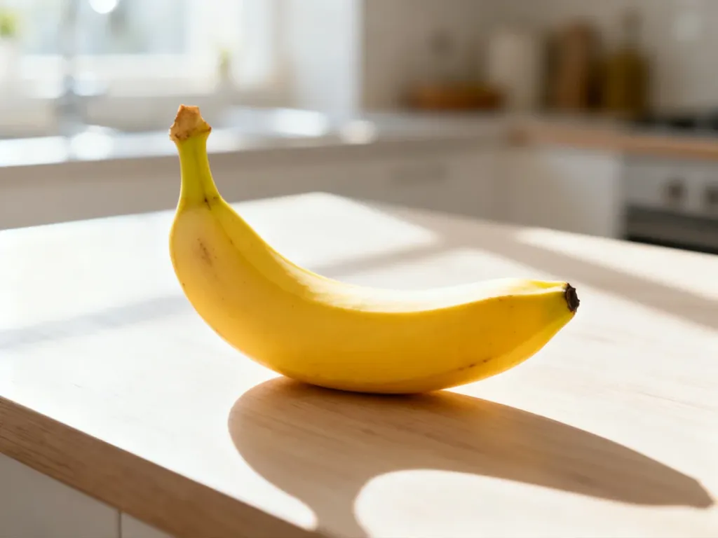 Dojrzały żółty banan leżący na jasnym drewnianym blacie w słonecznej kuchni.