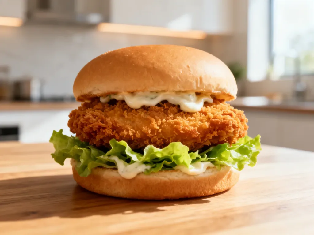 Apetyczny burger McChicken z chrupiącym kurczakiem, sałatą i sosem na drewnianym stole.