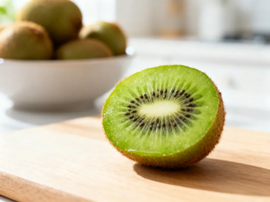 Przekrojone kiwi z widocznym miąższem i pestkami na drewnianym blacie w słonecznej kuchni.