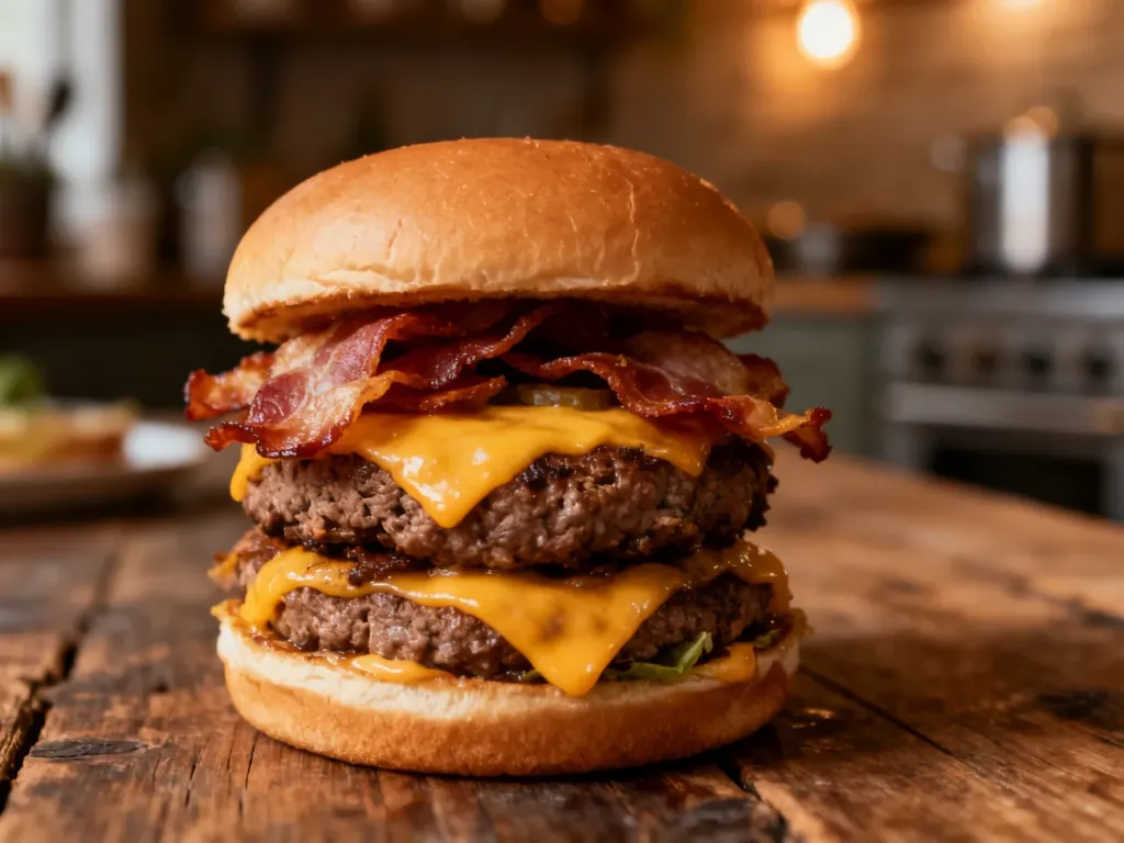Apetyczny burger drwala z wołowiną, serem i chrupiącym boczkiem podany na rustykalnym drewnianym stole.